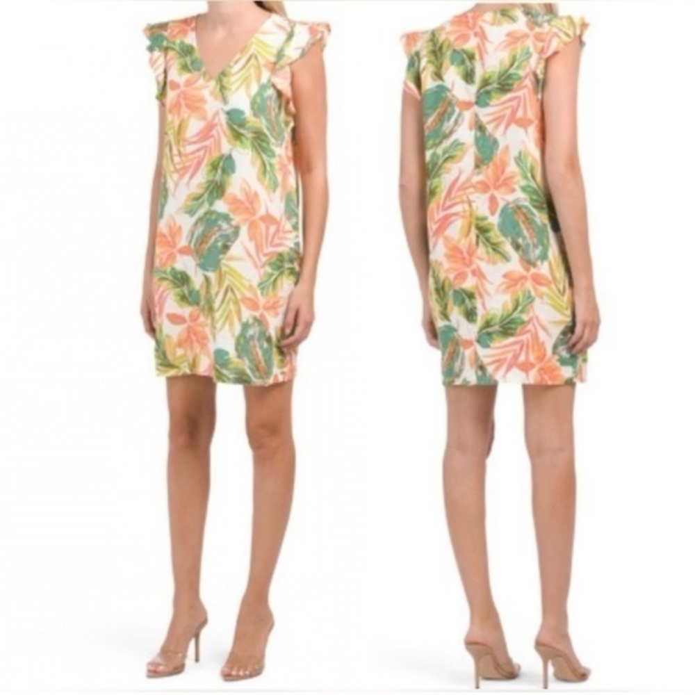 Nicole Miller Linen Dress L | Tropical Floral Print | 100% Linen Vacation Dress